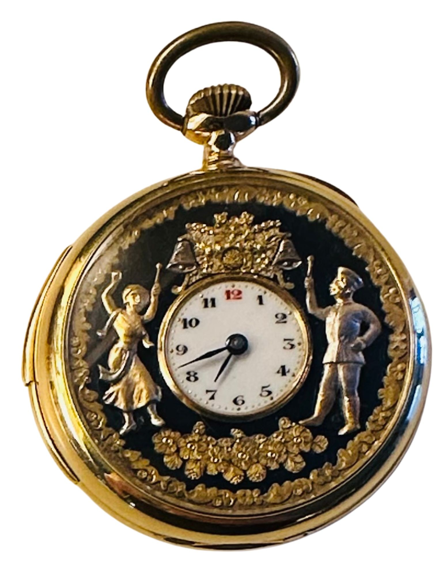 EROTIC POCKET WATCH, 18K YELLOW GOLD: 18k yellow gold erotic pocket watch. The face of the watch features an inner enamel clock dial with Arabic numerals. The outer dial consists of a man and woman ringing bells. The bale at top of watch 