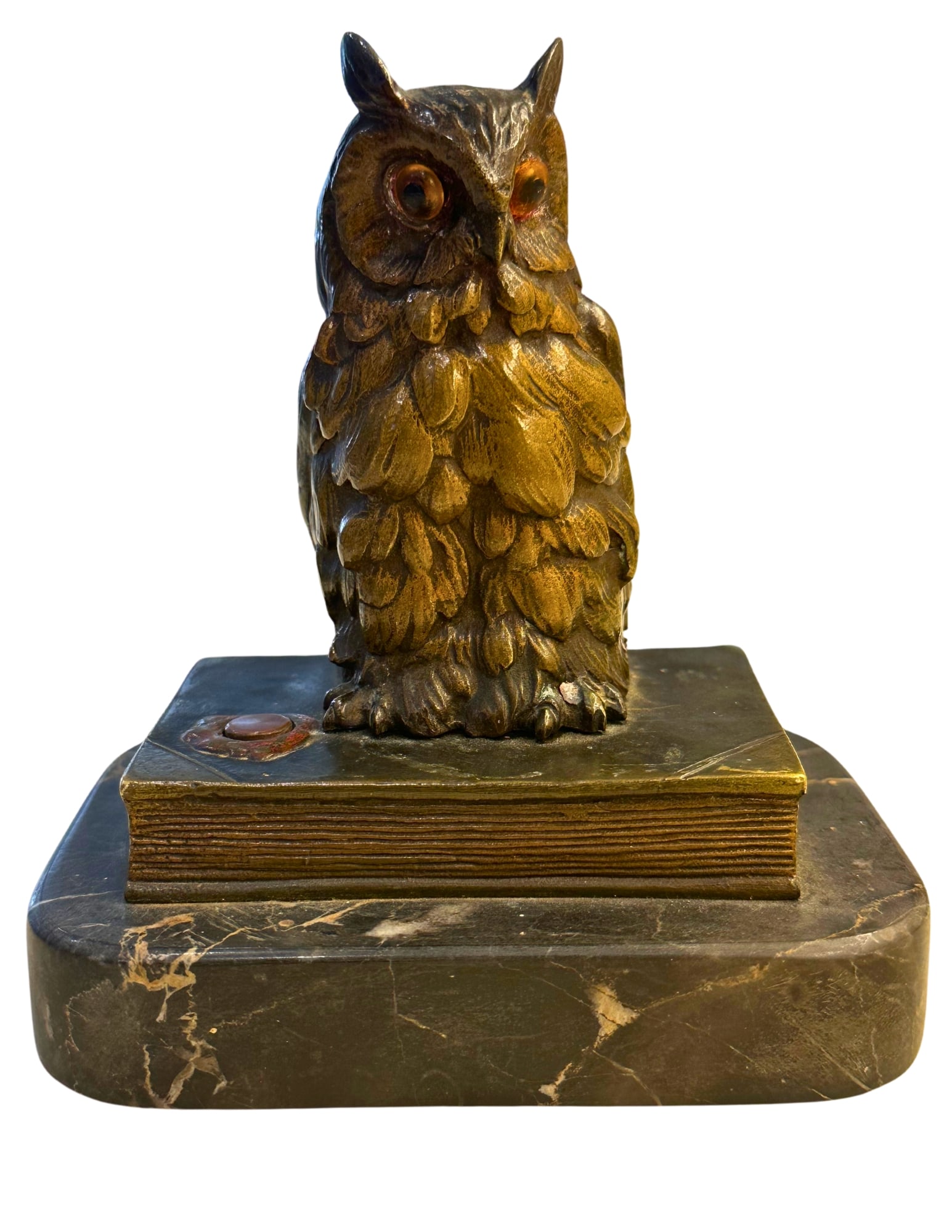 FRANZ BERGMAN, Austrian, 1861-1936, Bronze, "On A Great Book", Circa 1890, Signed: A Cold Painted Bronze Figure of an Owl, “On a Great Book”, Circa 1890, with Metamorphic Action, the Owl opens to reveal a Nude Female, 5” High, Signed F. Bergman