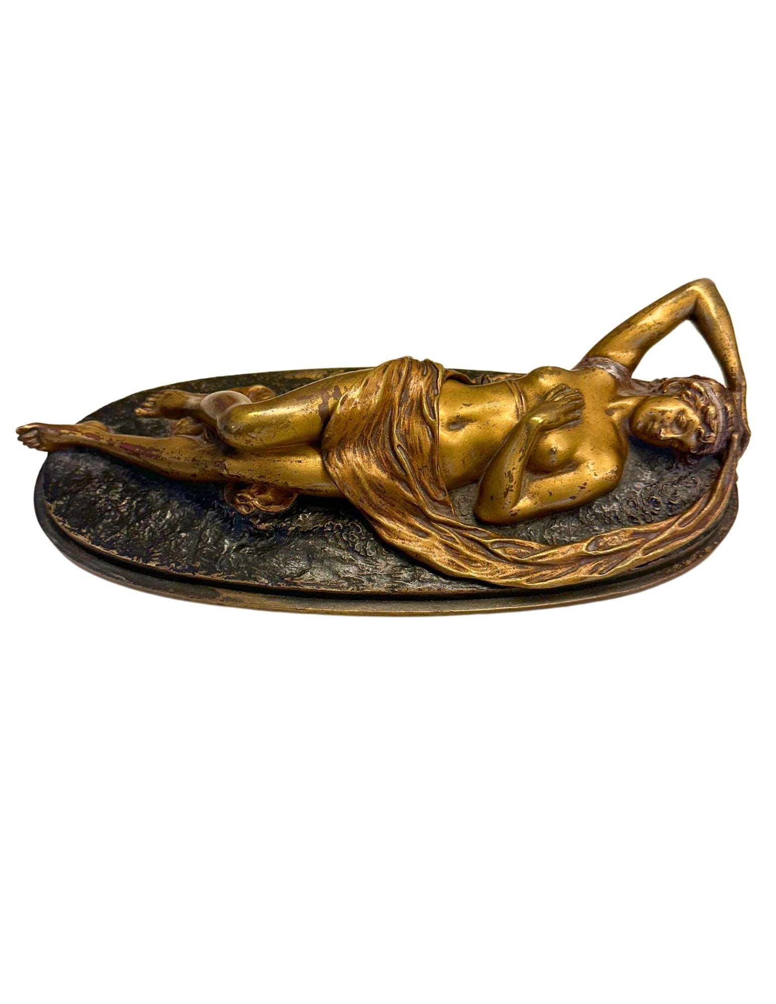 J. FUGEL, Austrian, Cold Painted Bronze, Nude Female, Circa 1890-1900, Signed: A Cold Painted Bronze of a Reclining Nude Female with Moveable Modesty Drape, Austrian, Signed J. Fugel, Circa 1890-1900, 9 ½” x 4 ½”