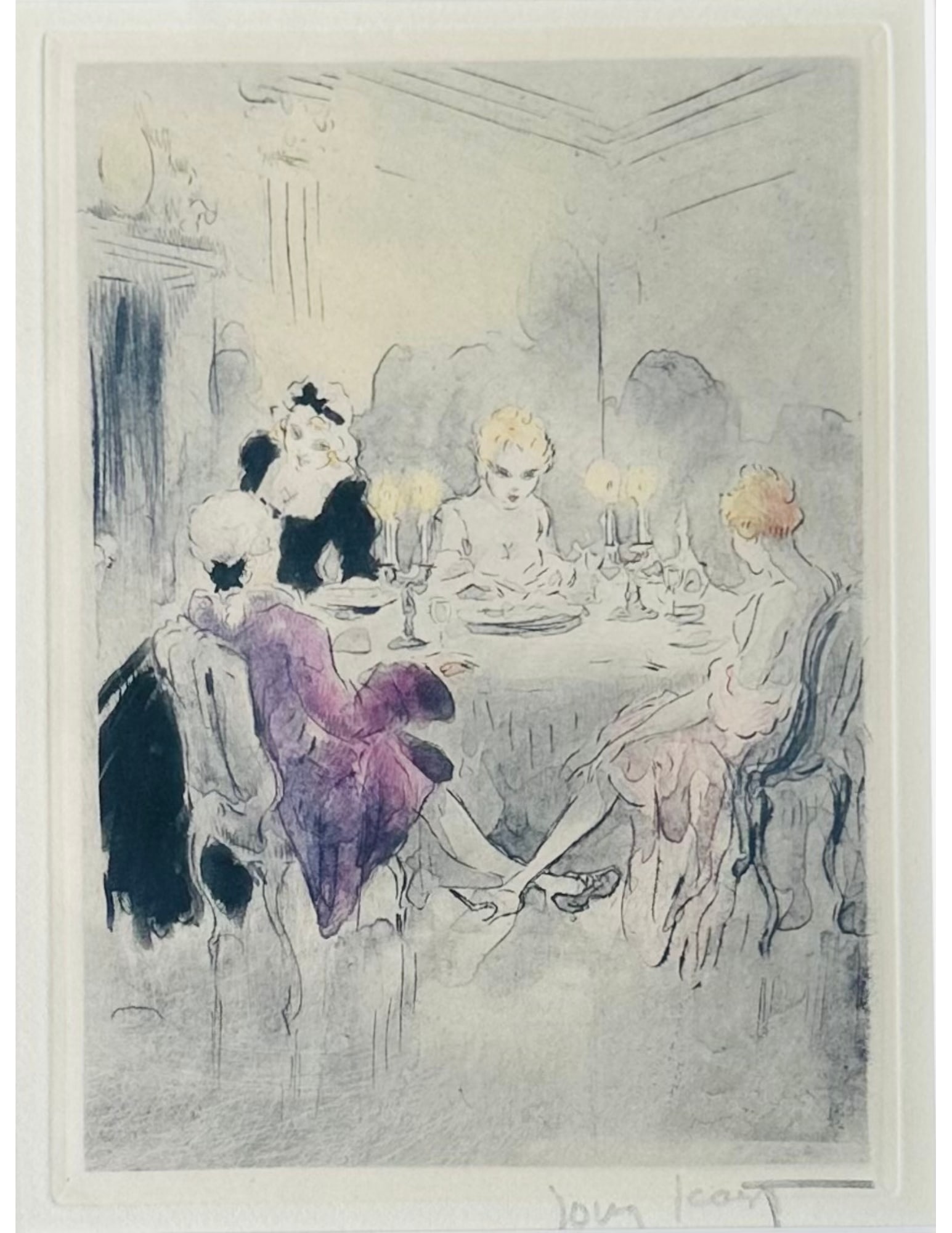 LOUIS ICART, French (1890-1950), Color Drypoint Etching, Signed, 20th Century: Artist: Louis Icart, French (1890-1950), 20th Century Title: Footsie from “La Nuit et Le Moment” - 1946 Medium: Color Drypoint Etching on Paper Matted Signature: Pencil Signed, Lower Right