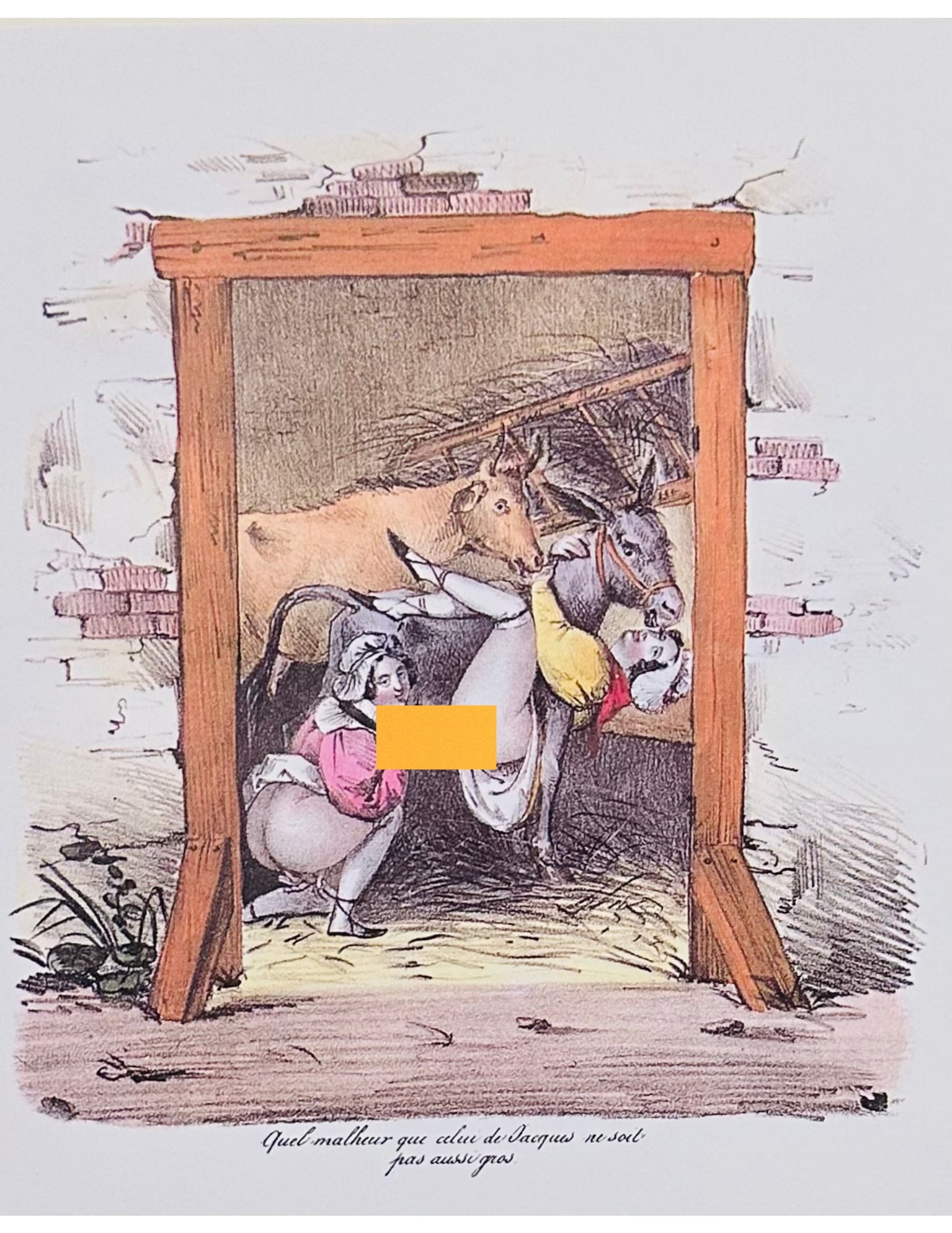 EROTIC COLORED LITHOGRAPH, 19th Century, Inscribed: Erotic Colored Lithograph, unsigned, Barn Scene with Two Females, One simulating Sex with a Donkey, Inscribed, Quel Malheur que Celui de Jacques ne soit pas aussi gros, Late 19th Century Size: 8 1/2&#