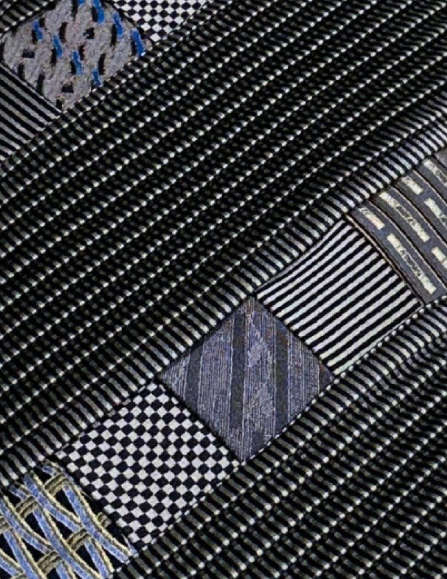 BRIONI, Tie, Pleated with Patchwork, Silver and Black, Handmade: Brand: Brioni, Italy, Handmade Color: Silver/Gray (Color appearance/shade can vary due to factors including lighting, monitors, etc.) Pattern: Pleated with Patchwork Material: 100% Silk Width: 3 3/4 i