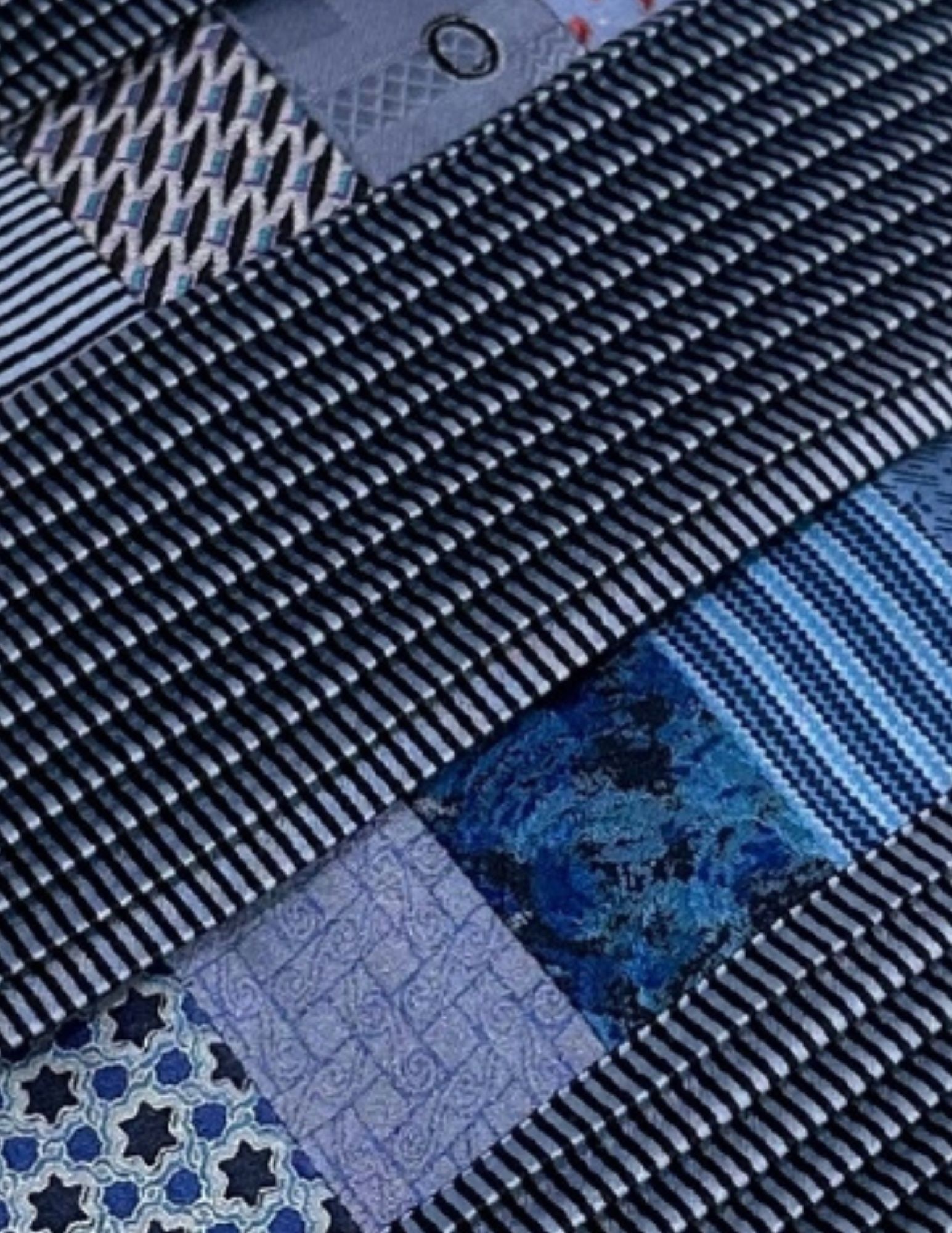 BRIONI, Tie, Pleated with Patchwork, Silver and Blue, Handmade: Brand: Brioni, Italy, Handmade Color: Blue/Multi (Color appearance/shade can vary due to factors including lighting, monitors, etc.) Pattern: Pleated/Patchwork Material: 100% Silk Width: 3 3/4 inch (9
