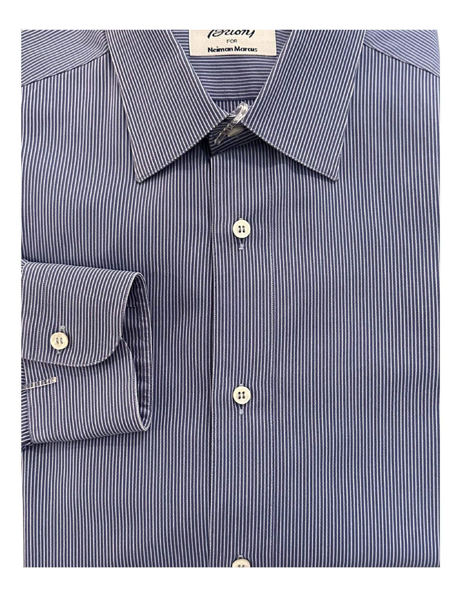 BRIONI, Men's Dress Shirt, Blue White, Stripe, 16: Brand: Brioni for Neiman Marcus Tailored In: Italy Type: Dress Shirt Material: Cotton Color (Shirt): Blue White Pattern: Thin Stripe Size (Men's): 16 US Size Type: Regular Eligible for In-House Shippi