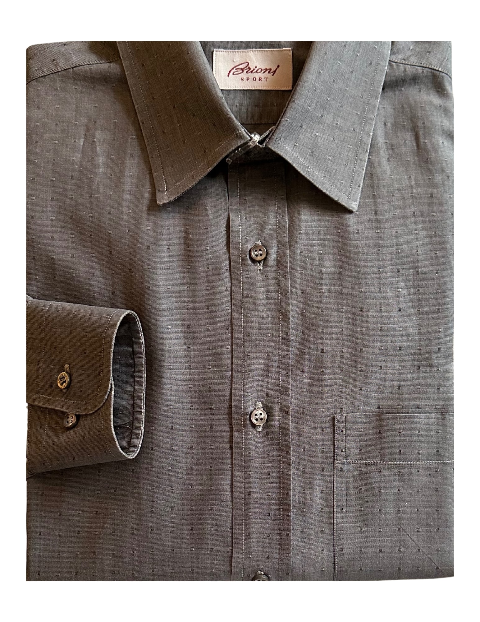 BRIONI, Men's Dress Shirt, Gray with Texured Dots, Large: Brand: Brioni Sport Made In: Italy Type: Dress Shirt, Left Side Pocket Material: Cotton Color (Shirt): Gray Pattern: Solid with Textured Dots Size (Men's): Large Size Type: Regular Eligible for In-Hou