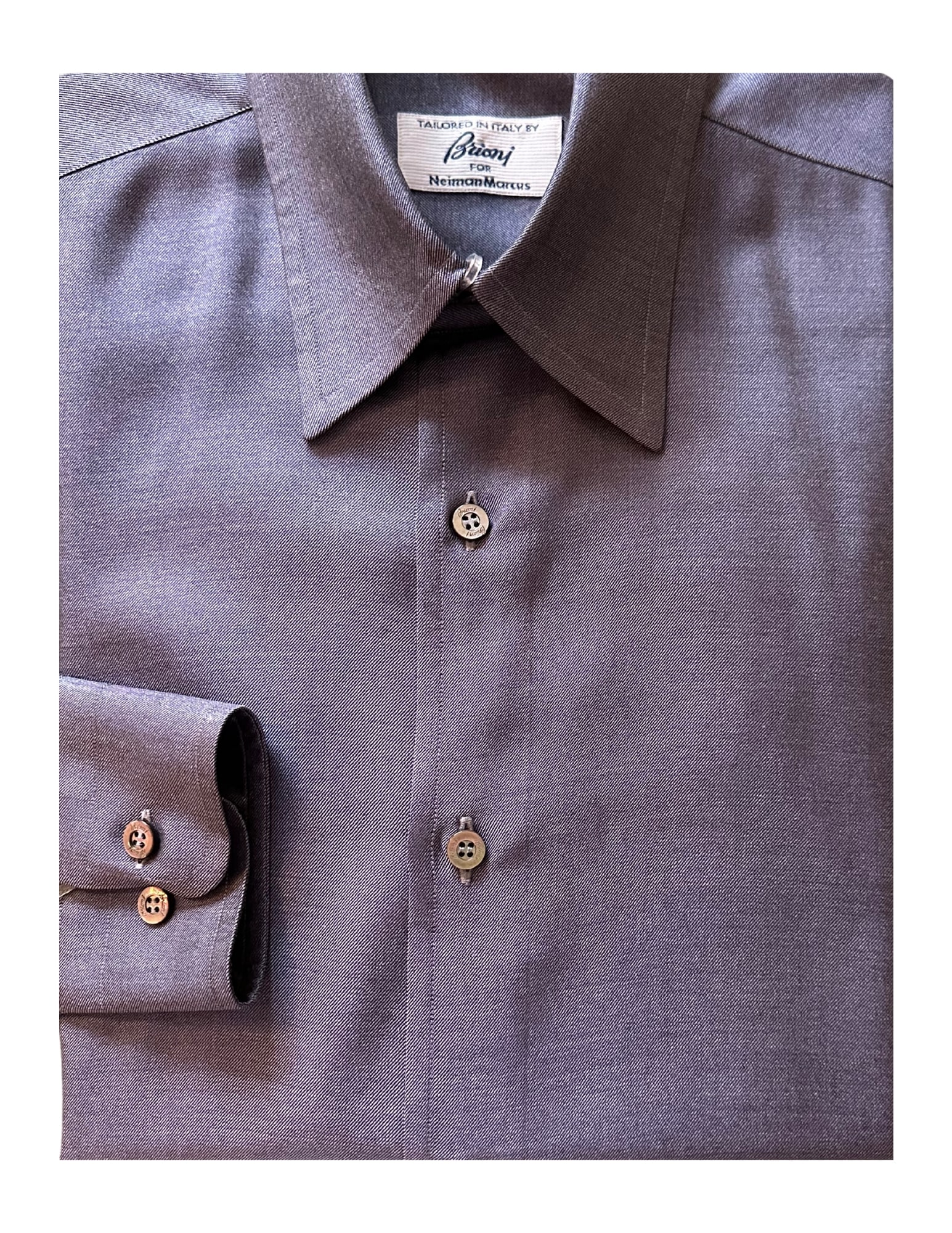 BRIONI, Men's Dress Shirt, Bluish Gray, Silk, Size Small: Brand: Brioni for Neiman Marcus Tailored In: Italy Type: Dress Shirt Material: Silk Color: Bluish Gray Pattern: Solid Size (Men's): Small Size Type: Regular Eligible for In-House Shipping