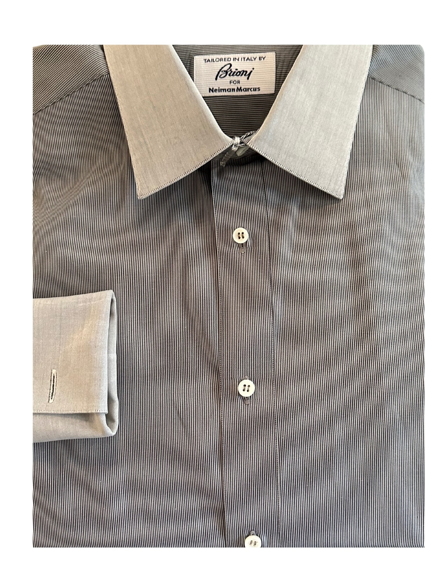 BRIONI, Men's French Cuff Dress Shirt, Gray White, Thin Stripe, 16: Brand: Brioni for Neiman Marcus Tailored In: Italy Type: French Cuff Dress Shirt Material: Cotton Color (Shirt): Gray White Color (Collar/Cuff): Light Gray Pattern: Thin Stripe Size (Men's): 16 Size T