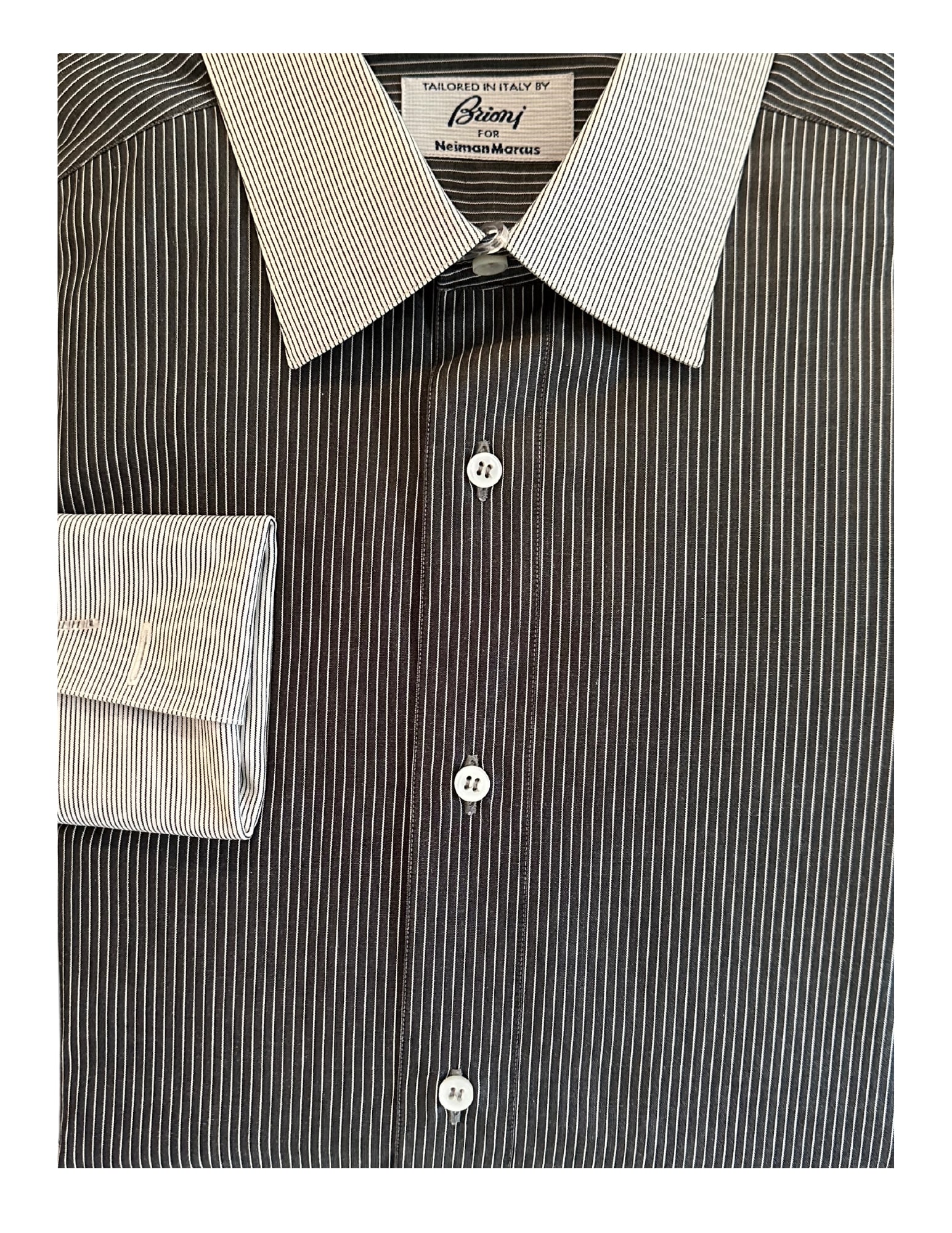 BRIONI, Men's French Cuff Dress Shirt, Charcoal White, Stripe, 16: Brand: Brioni for Neiman Marcus Tailored In: Italy Type: French Cuff Dress Shirt Material: Cotton Color (Shirt): Charcoal White Color (Collar/Cuff): White Charcoal (Reverse to the Shirt) Pattern: Stri