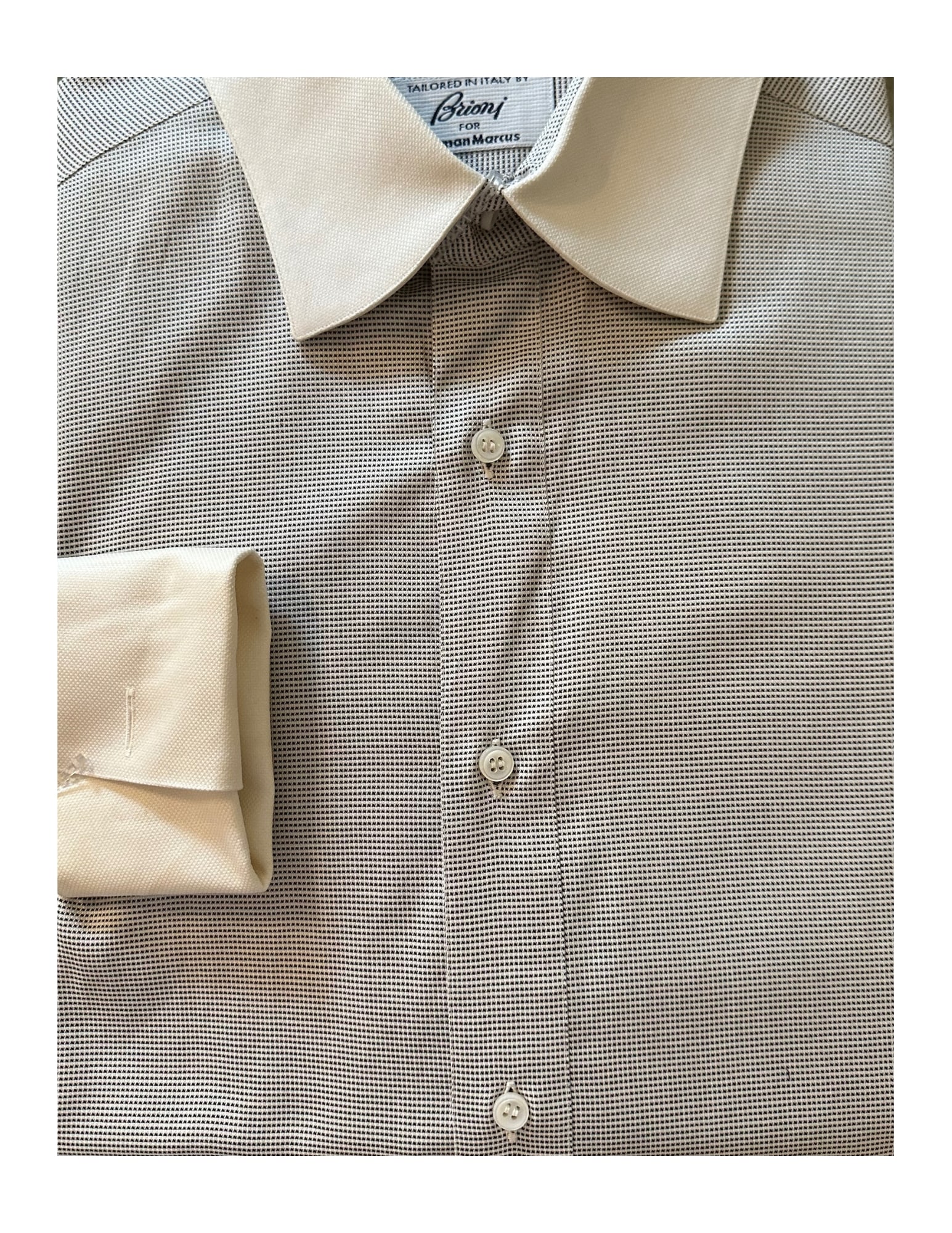 BRIONI, Men's French Cuff Dress Shirt, Gray White, Mini Dots, 16: Brand: Brioni for Neiman Marcus Tailored In: Italy Type: French Cuff Dress Shirt Material: Cotton Color (Shirt): Gray Color (Collar/Cuff): White Pattern: Mini Dots Size (Men's): 16 Size Type: Regular