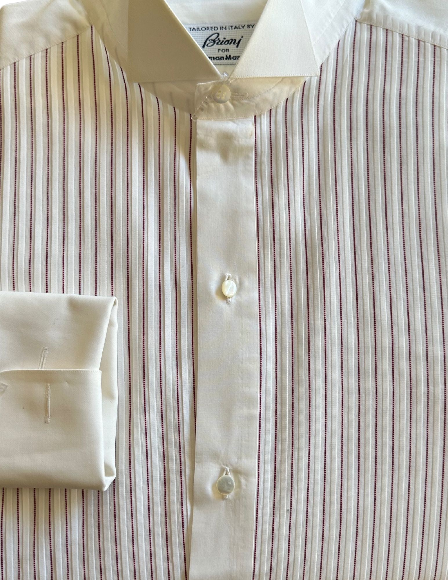 BRIONI, Tuxedo Shirt, Pleated, French Cuff, Size 16 R: Brand: Brioni for Neiman Marcus Tailored In: Italy Type: French Cuff Tuxedo Shirt Material: Cotton Color (Shirt): White Pattern: Red Stripe Size (Men's): 16 R Size Type: Regular Eligible for In-House