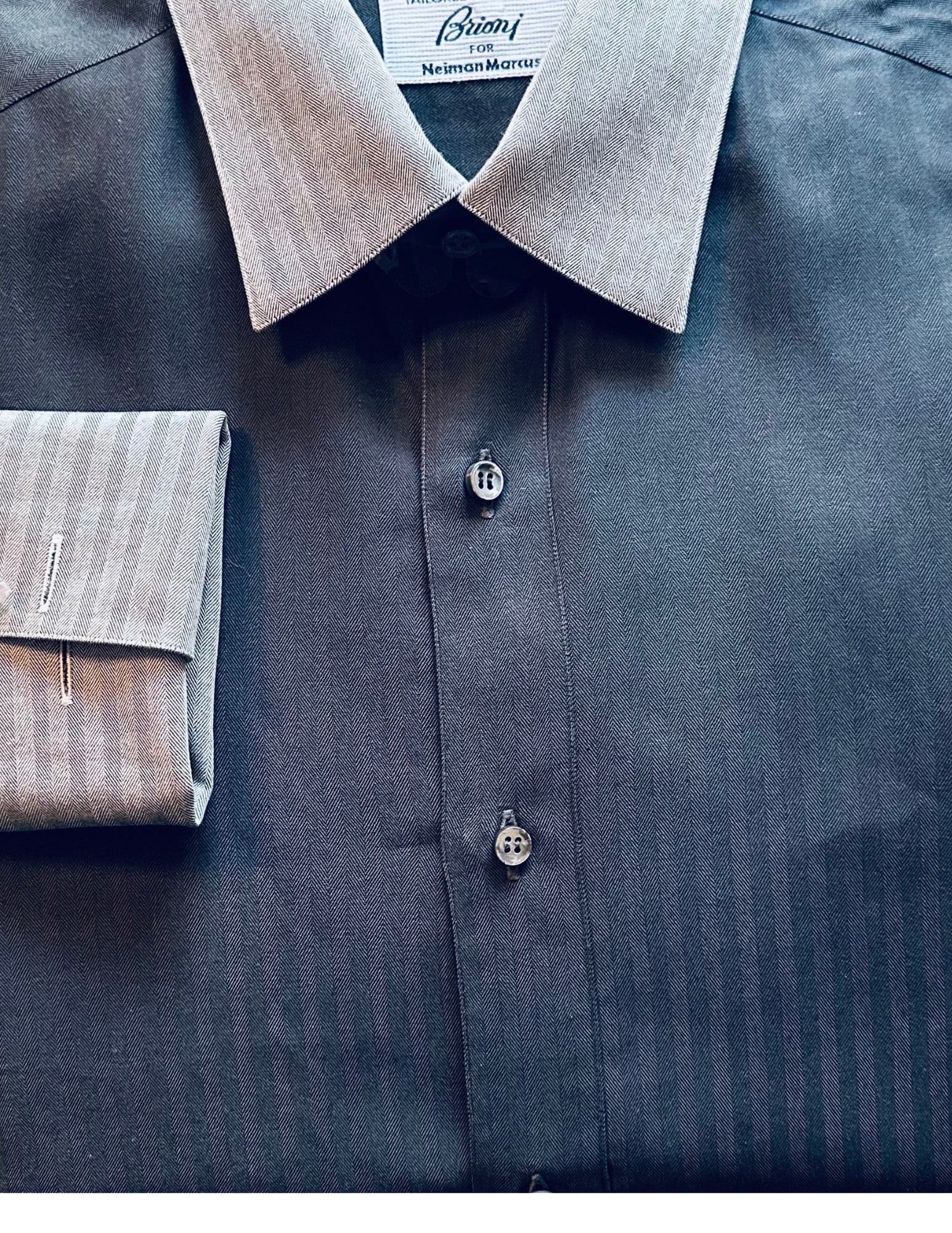 BRIONI, Men's French Cuff Dress Shirt, Dark Charcoal, Embedded Stripe, 16: Brand: Brioni for Neiman Marcus Tailored In: Italy Type: French Cuff Dress Shirt Material: Cotton Color (Shirt): Dark Charcoal Color (Collar/Cuff): Gray Pattern:Embeddedu Stripe Size (Men's): 16 Size