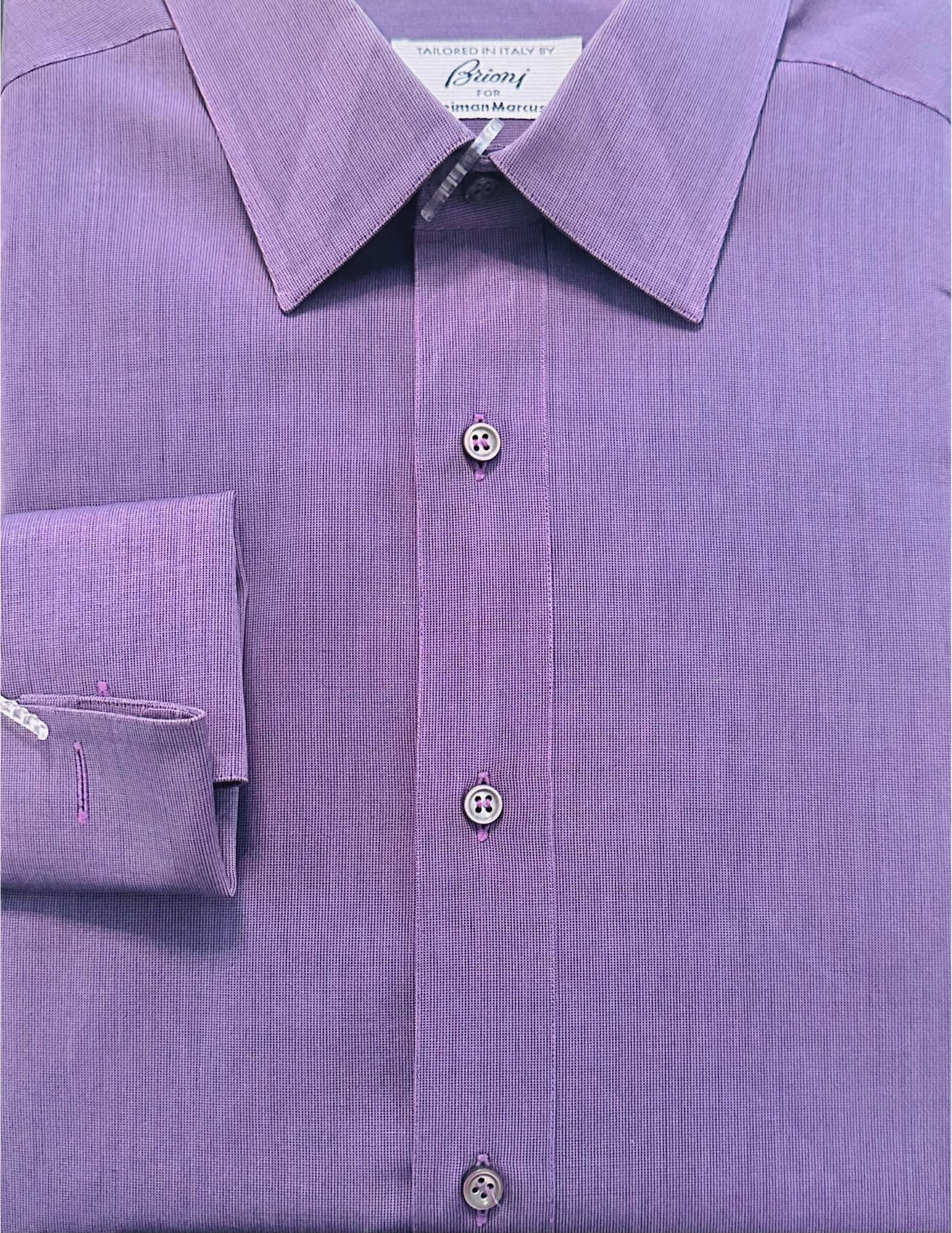 BRIONI, Men's French Cuff Dress Shirt, Purple, 16: Brand: Brioni for Neiman Marcus Tailored In: Italy Type: French Cuff Dress Shirt Material: Cotton Color (Shirt):Purple Color (Collar/Cuff): Purple Pattern:Solid Size (Men's): 16 Size Type: Regular Eli