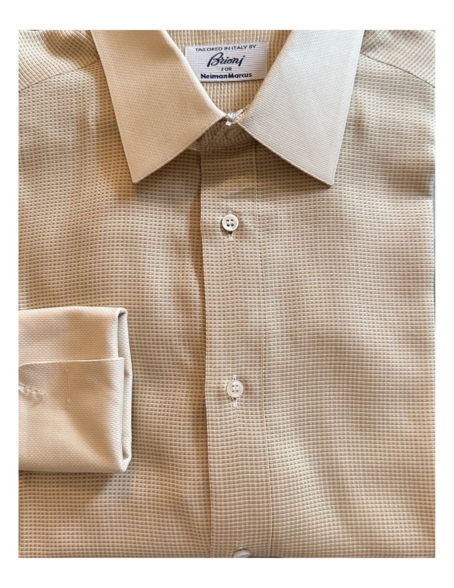 BRIONI, Men's French Cuff Dress Shirt, Beige, 16: Brand: Brioni for Neiman Marcus Tailored In: Italy Type: French Cuff Dress Shirt Material: Cotton Color (Shirt):Beige Color (Collar/Cuff): Off-White Pattern:Solid Size (Men's): 16 Size Type: Regular E