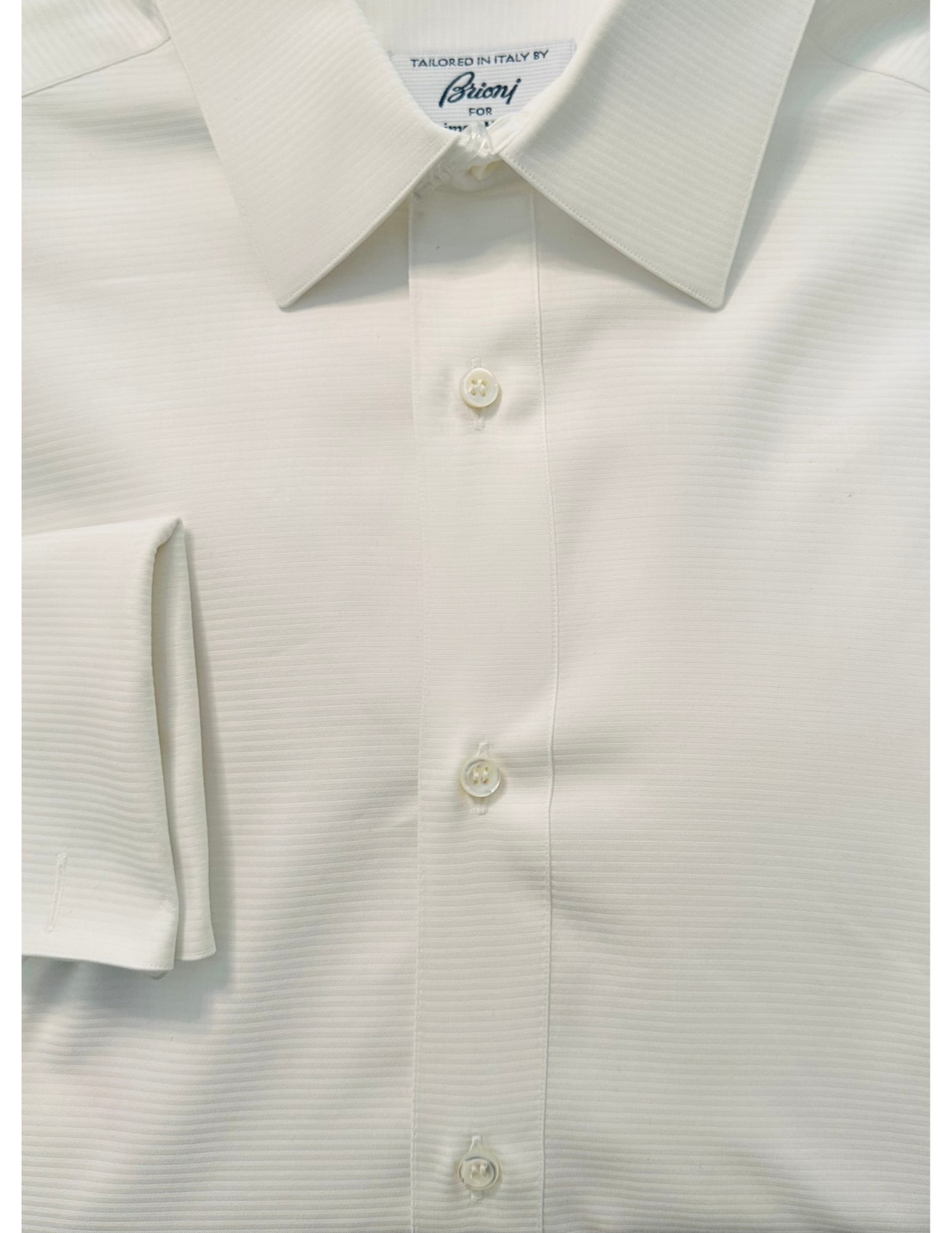 BRIONI, Men's French Cuff Dress Shirt, White, 15 1/2: Brand: Brioni for Neiman Marcus Tailored In: Italy Type: French Cuff Dress Shirt Material: Cotton Color (Shirt): White Color (Collar/Cuff): White Pattern: Tone-on-Tone, Horizontal Thin Stripe Size (Me