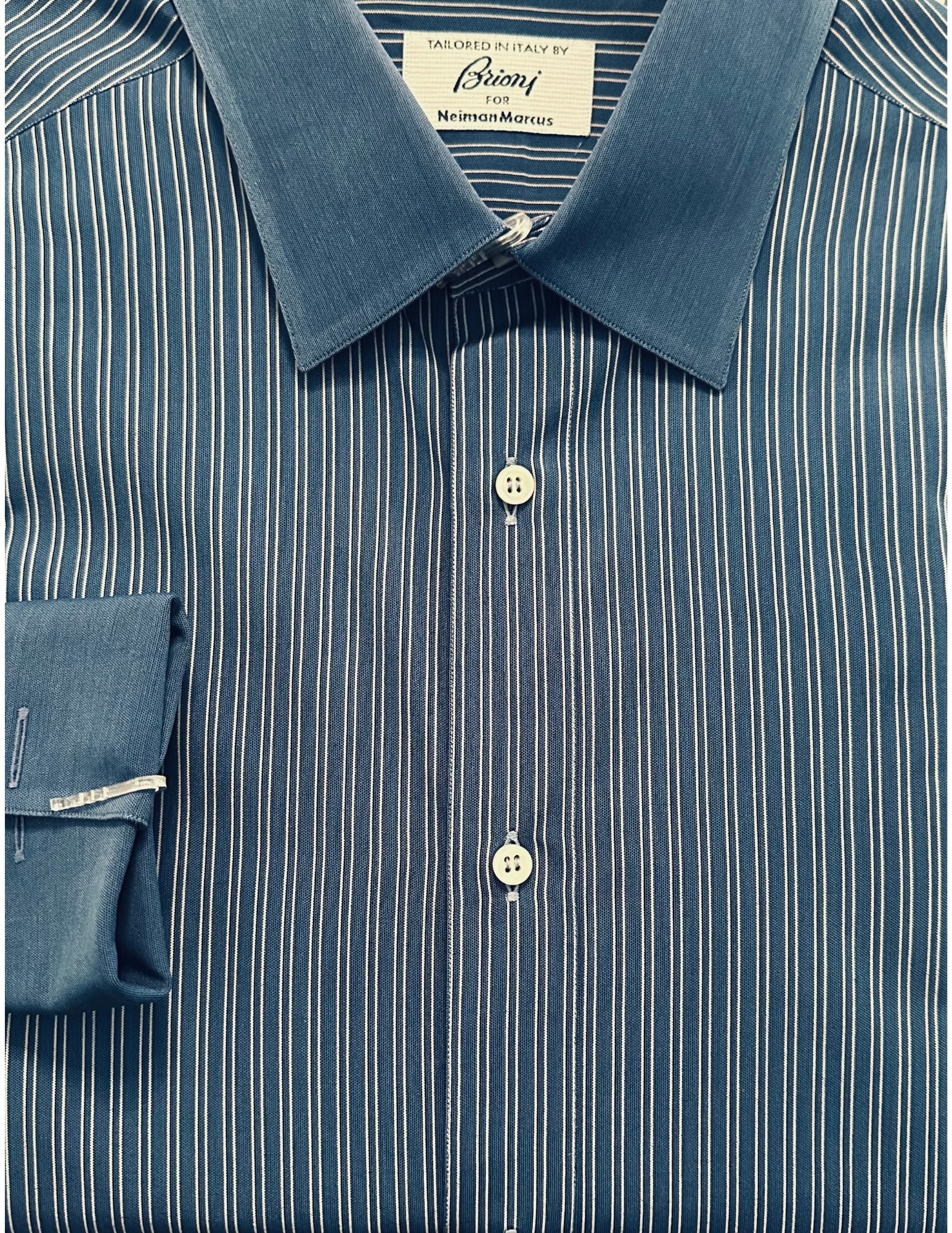 BRIONI, Men's French Cuff Dress Shirt, Blue, Stripe, 16: Brand: Brioni for Neiman Marcus Tailored In: Italy Type: French Cuff Dress Shirt Material: Cotton Color (Shirt): Blue White Color (Collar/Cuff): Blue Pattern: Stripe Size (Men's): 16 Size Type: Regula