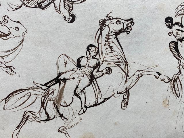 Two leaves with three pages of original sketches, pen: Attributed to Benjamin Robert HAYDON (1786 – 1846). Two leaves with three pages of original sketches, pen and ink, one with wash added. [Undated].3 pages (approx. 10 ½ x 7 &frac