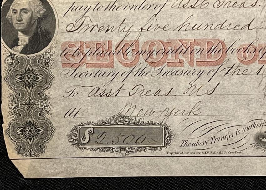 US TREASURY Samuel CASEY Signed 1856 transfer of $2500 (1 of 5)