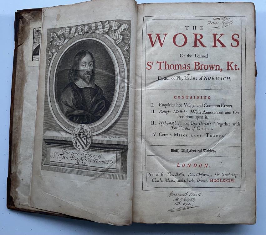 BROWNE's Works 1686 - interesting provenance: Offered for sale by Adam Langlands of 'Shadowrock Rare Books' - for more information please contact him via email at adamlanglands@gmail.com