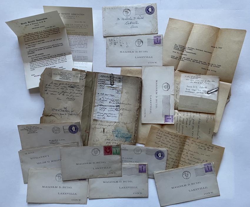 War veterans death benefits ledger Camp #3: [SONS OF VETERANS, Lakeville, Ct.]. - Malcolm D. RUDD (treasurer) Cash ledger of the Death Benefits Association of Camp #3 Sons of Veterans Lakeville Connecticut Records kept by RUDD from 1909 until h