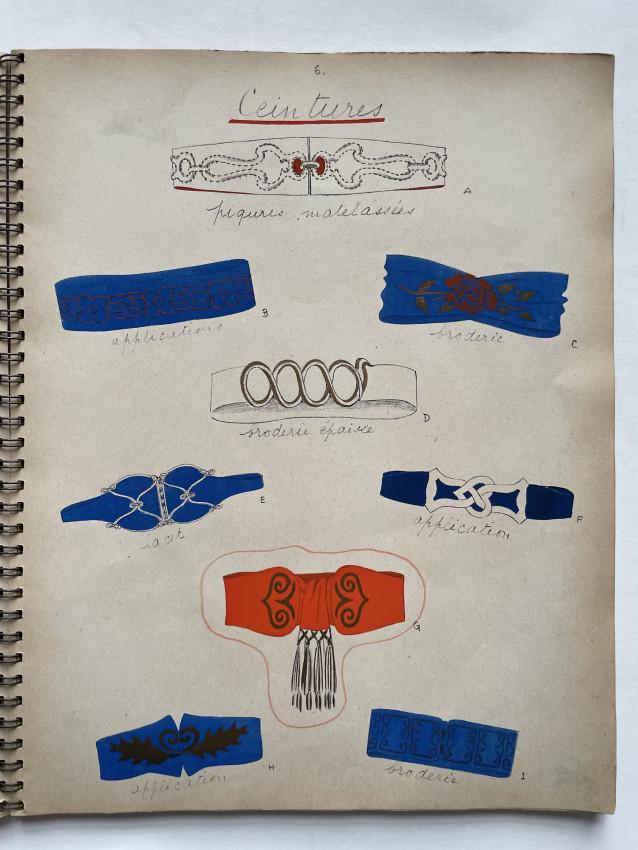 Rare French fashion pochoirs, 1940s: Ornement de Couture. Paris, Editions IdÃ©es, 16, av. La Motte-Picquet. Spiral bound Quarto, 36 pages of plates colored in pochoirs, 2 pages of introductory text, page 32 partially clipped (alas), LO