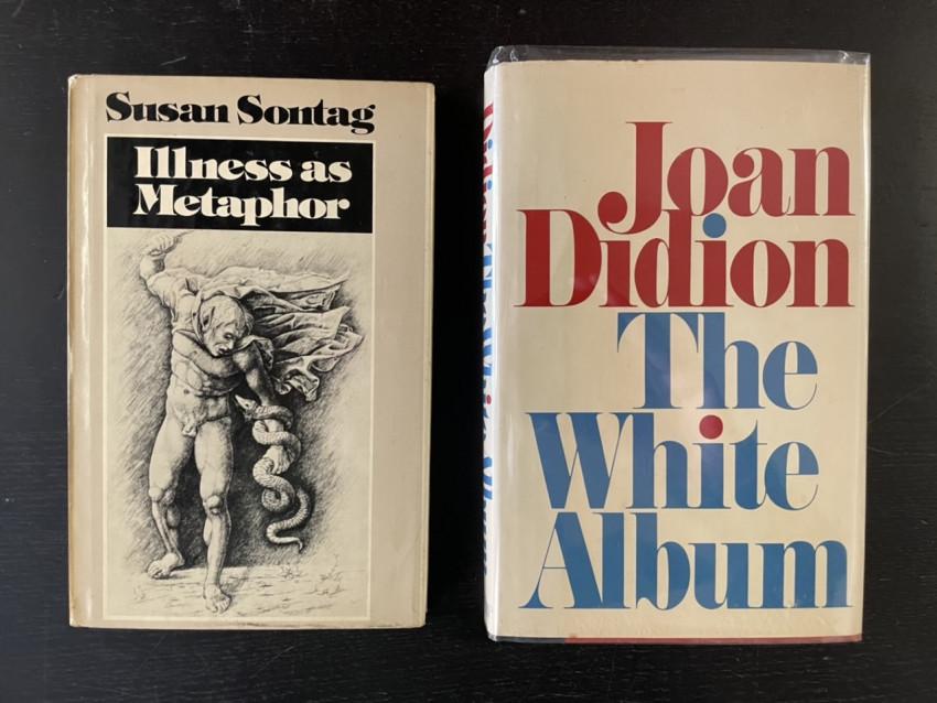 J. DIDION & S. SONTAG signed books: Offered by John Bale Books LLC. jbalebooks@gmail.com Signed first editions. Susan SONTAG. Illness as Metaphor Joan DIDION. The White Album. Overall in acceptable condition. See images.