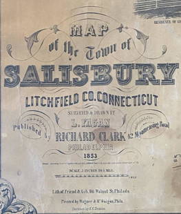 1853 L. Fagan - R. Clark. Huge Wall "Map of ... Salisbury Litchfield Co., Ct.", framed & glazed: Wall Map of SALISBURY, Connecticut. - Lawrence FAGAN (surveyor). - Richard CLARK (publisher). Map of the Town of Salisbury Litchfield Co. Connecticut Surveyed &