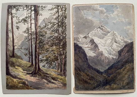 2 William Keith orig. watercolors probably in the High Sierras pencil note to Jo? (Muir? Worcester?): Two 7x10” watercolors mounted on boards, numbered and signed in pencil #1 and #2 on verso, the first with a pencil inscription faintly readable, “ Dear Joe (or Jose), this is sketch of