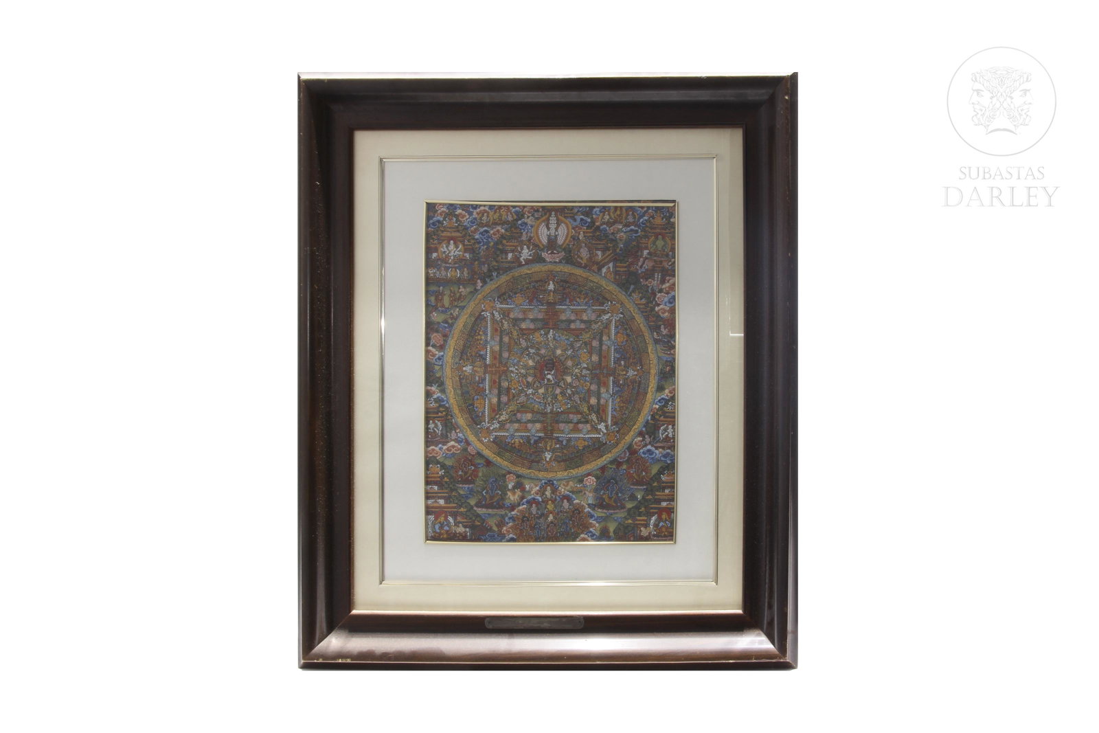Tibetan thangka, 20th century: Painted silk. Size: 46 x 35 cm; 81 x 70.5 cm (with frame)