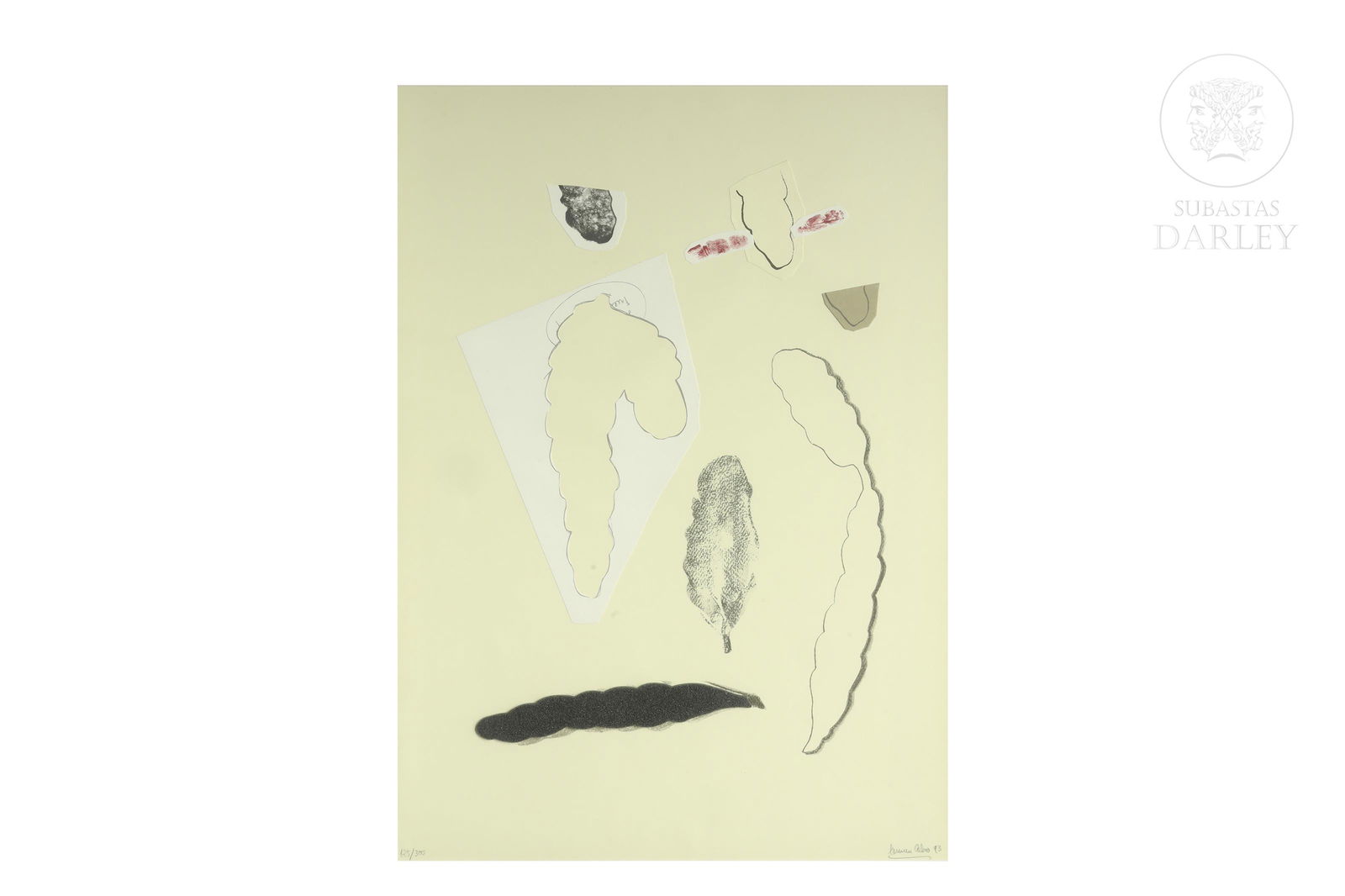 Carmen Calvo (1950) "Composition", 1993: Graphic work and collage. Signed "Carmen Calvo" and numbered "125/300" in pencil in the lower margin. Made for the folder "Pinturas. 25 years. Universitat Politècnica de València" of 199