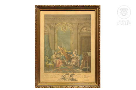 French engraving "Le Billet doux", 19th century: Engraving on paper. According to Nicolas Lavreince (1737 - 1807), Jean-Honoré Fragonard (1732 - 1806) and Pierre-Antoine Baudouin (1723 - 1769). With frame. The paper shows wear. Size: 34 x 27.