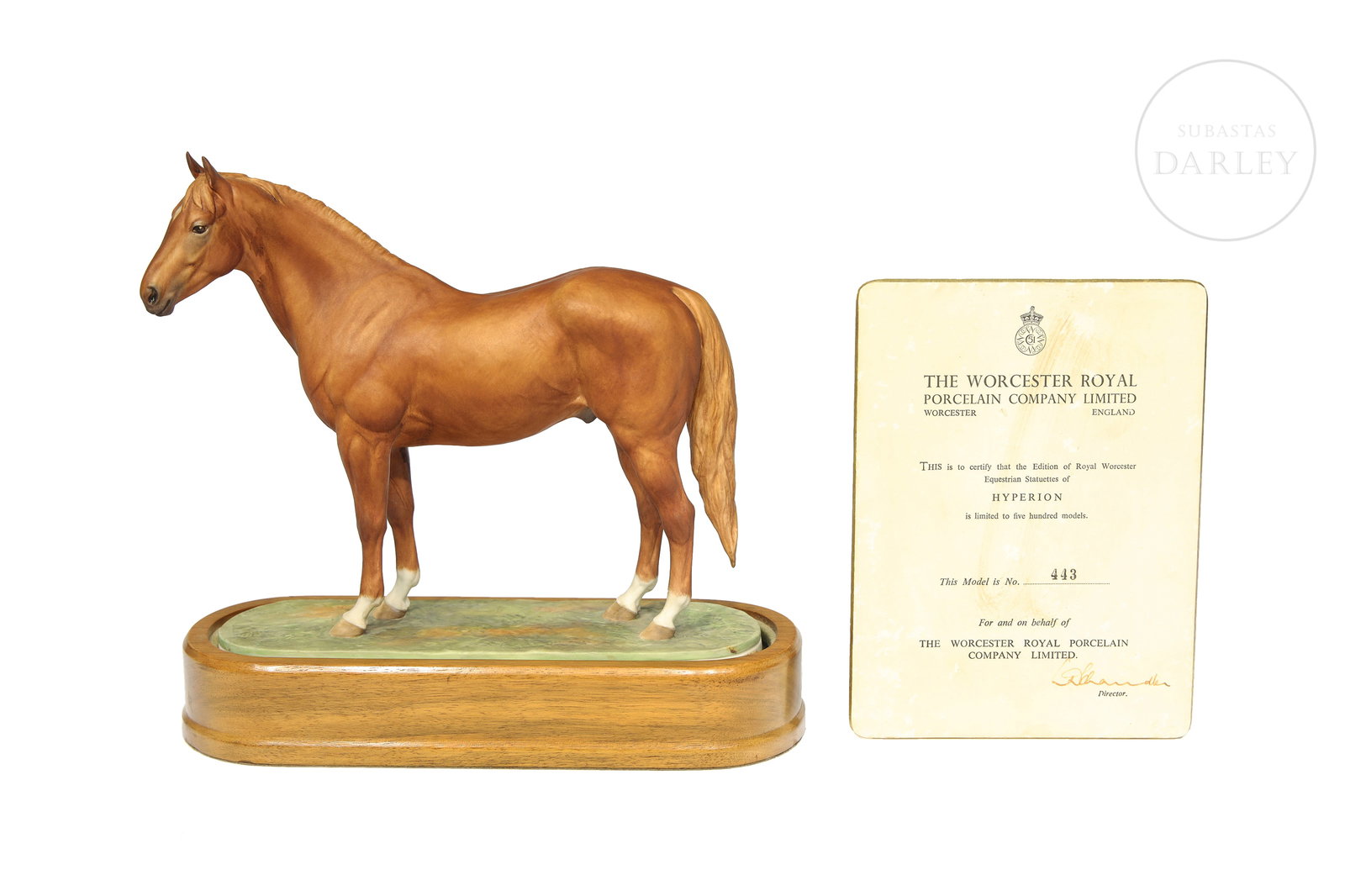 Royal Worcester Porcelain "Hyperion", Doris Lindner: Equestrian figure in matt porcelain modelled by the artist Doris Lindner and produced by Royal Worcester circa 1965. Limited edition of 500 pieces, this being No. 443. With stamp and numbering on the