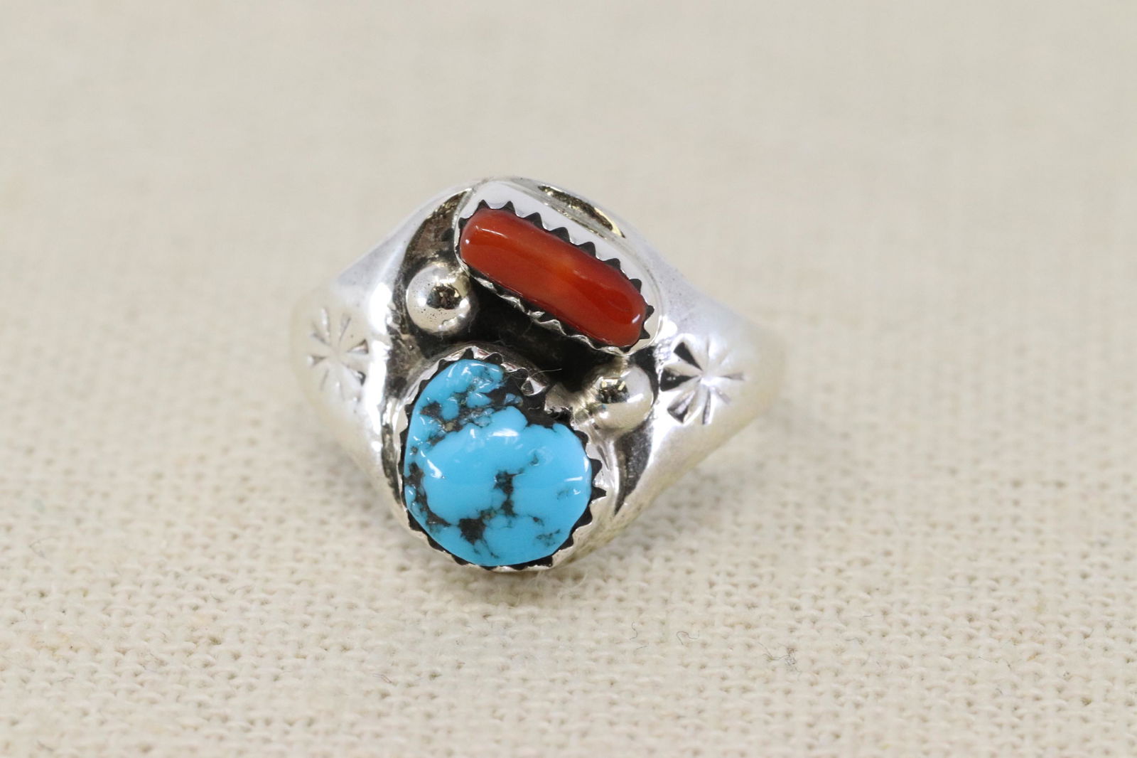 Navajo Sterling Silver ladies ring Turquoise and Coral (1 of 4)