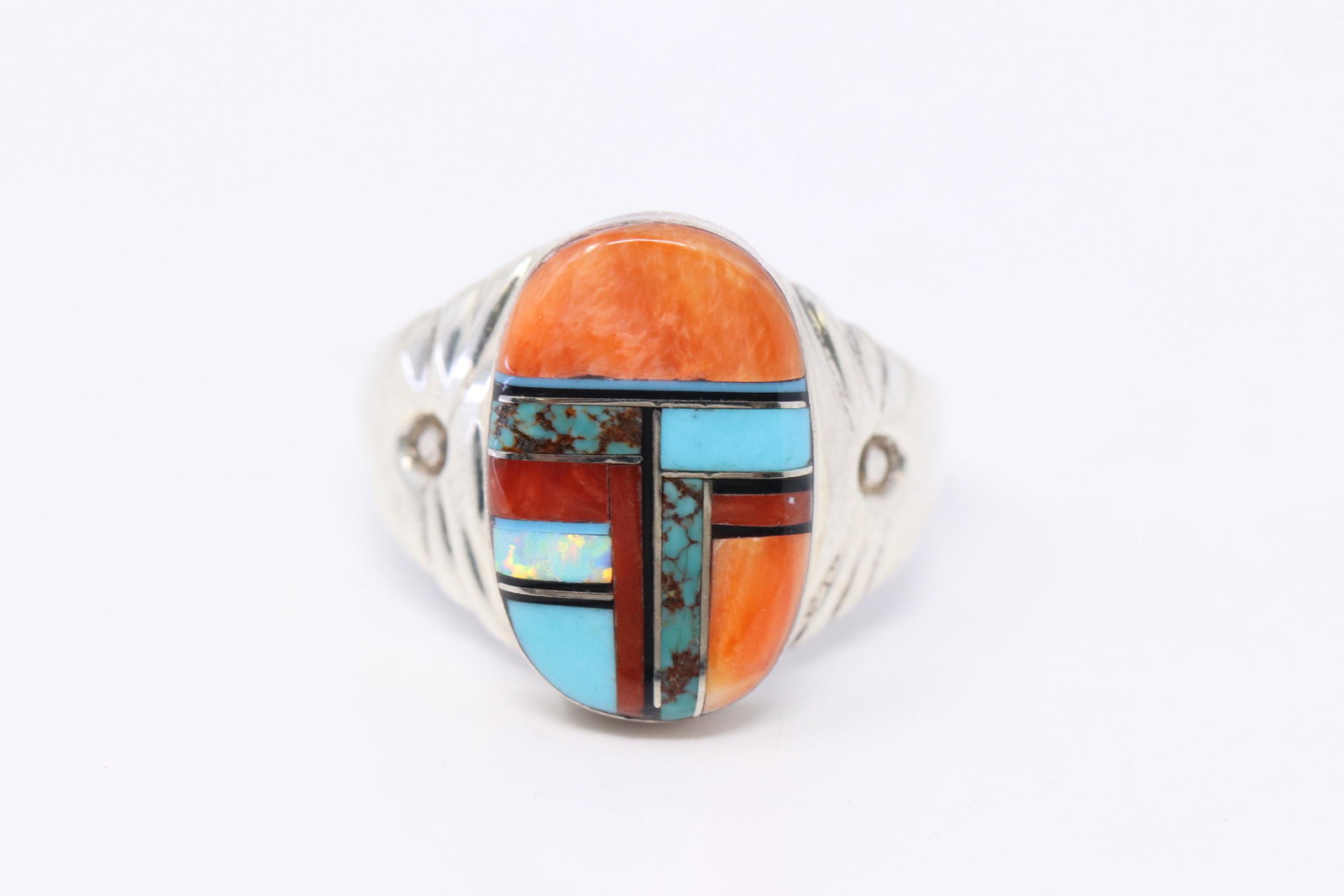 Navajo Mens Inlay Ring Multi Stone Sterling Silver (1 of 3)