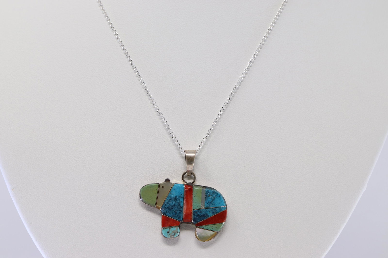 Navajo inlay mulitstone handmade bear pendant sterling (1 of 3)
