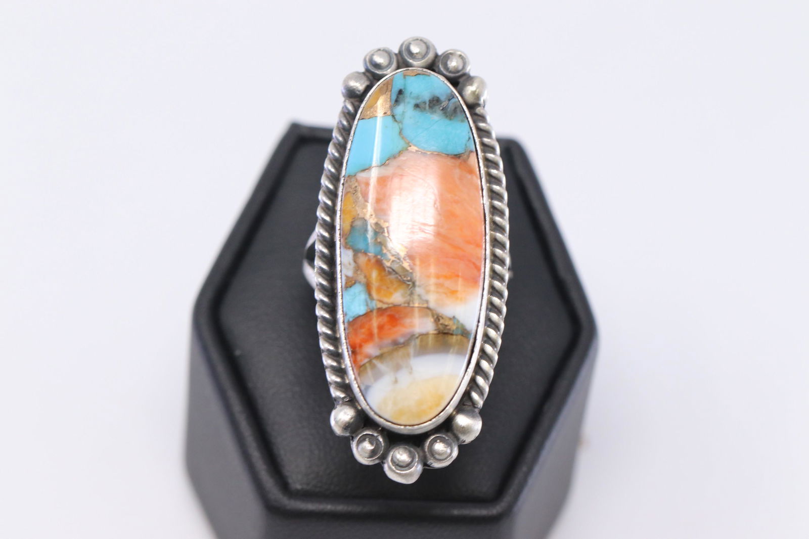 Navajo Handmade Spiny Turquoise Bronze Ring in Sterling (1 of 4)