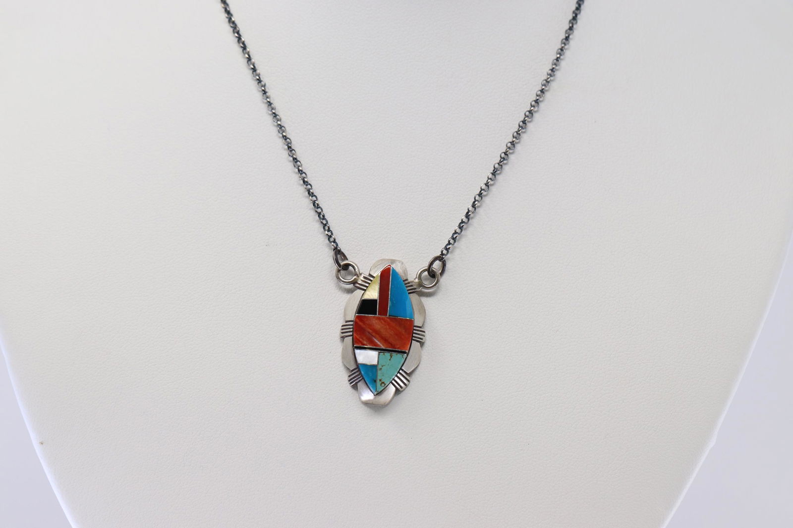 Navajo Handmade Multi-Stone Inlay Necklace in Sterling (1 of 4)
