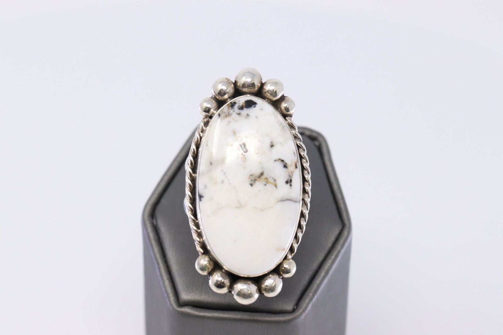 Navajo Indian Ring White Buffalo Turquoise Sterling: This is a Navajo Indian Ring White Buffalo Turquoise Sterling Meril House Ring. Ring size is 9.00 REF:I8312T653. Native American, Navajo, Southwestern Indian Jewelry.