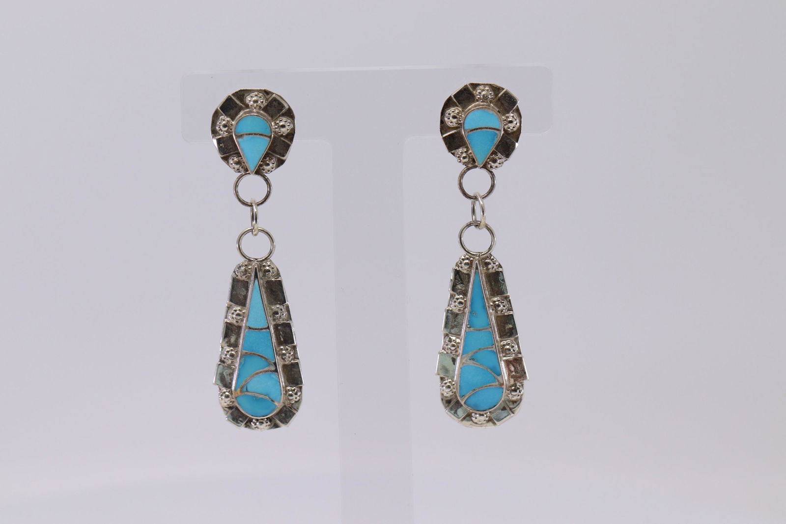 Native American Zuni Handmade Turquoise Inlay Earrings (1 of 5)