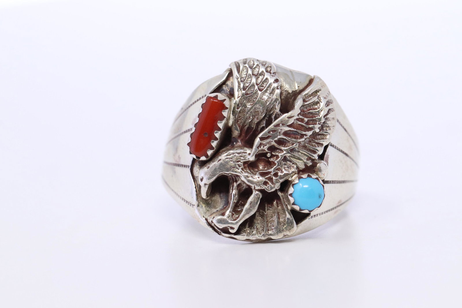 Native American Navajo Men's Turquoise and Coral Egal: This is a Native American Navajo Men's Turquoise and Coral Egal Ring. By G. ring size is 11.00.