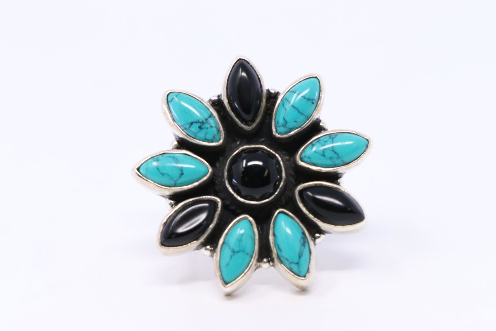 925 Silver Flower Turquoise and Onyx Ring. (1 of 3)