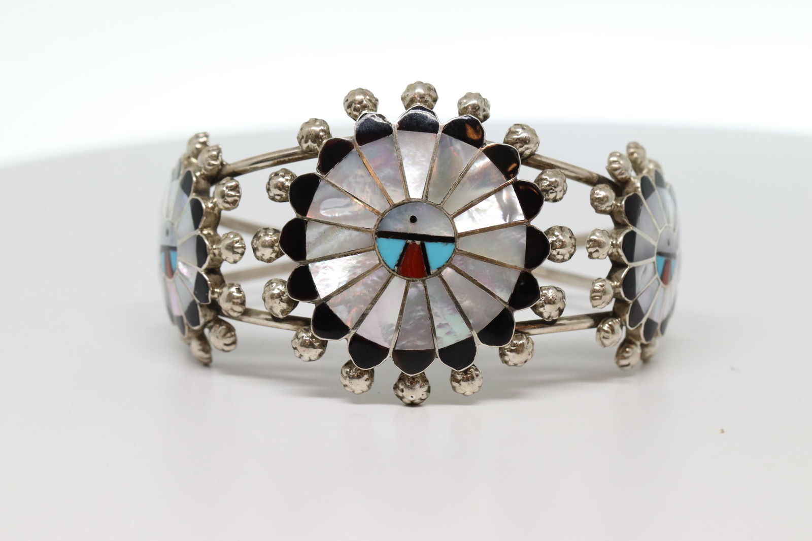 Zuni Inlaid MOP Onyx Turquoise Sun Face Sterling Cuff (1 of 3)