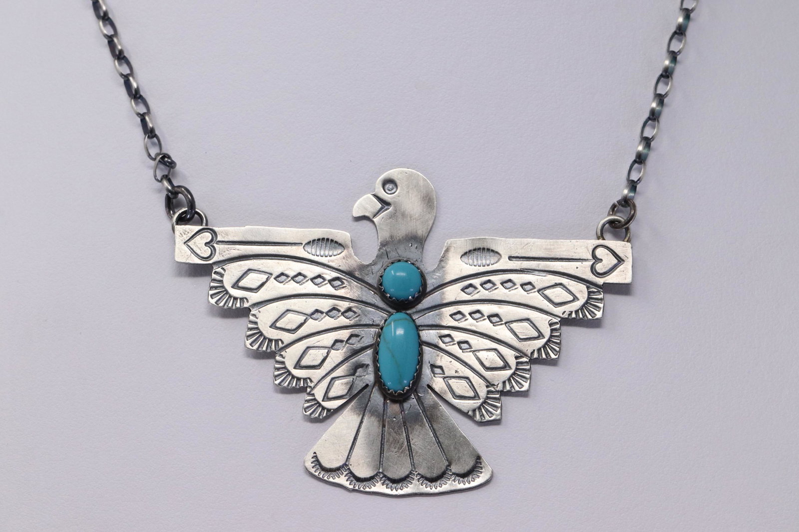 Native American Navajo Handmade Sterling Silver: This is a Native American Navajo Handmade Sterling Silver Turquoise Thunderbird Necklace by Tim Yazzie. Necklace Length is 17.00"