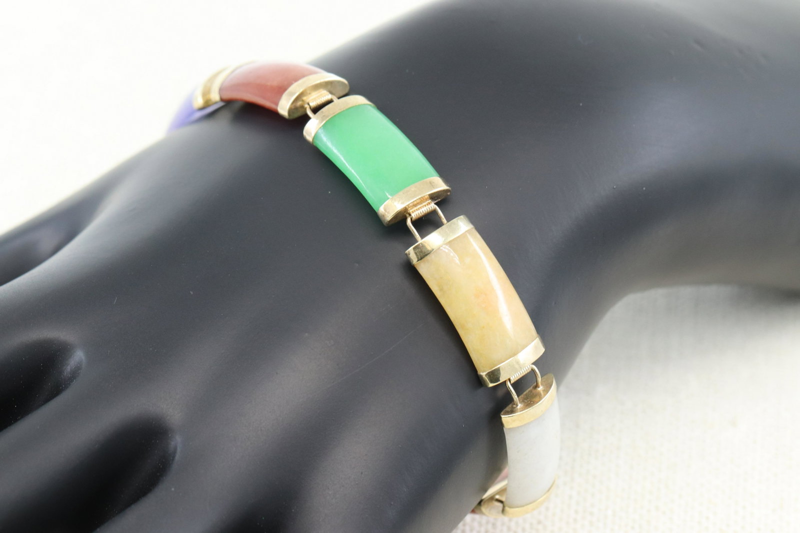 Multi-Color Jadeite Jade Bracelet- 14k Yellow Gold: Multi-Color Jadeite Jade Bracelet- 14k Yellow Gold 8.00". The gold is 14kt Yellow Gold. Weight: 13.90 grams.