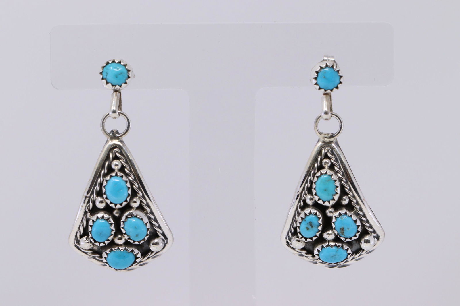 Native Navajo Handmade Sterling Silver Cluster: This is a Native Navajo Handmade Sterling Silver Cluster Turquoise Post Earrings By Melvin Chee