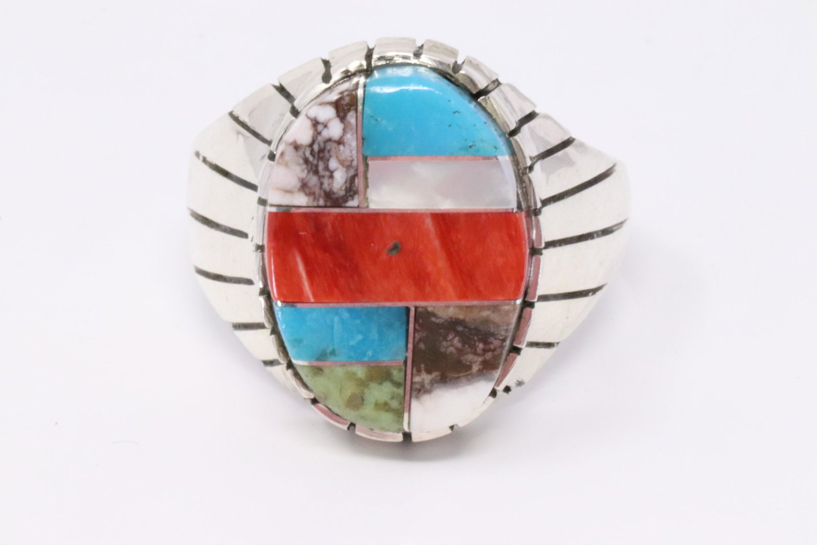 Native American Navajo Handmade Sterling Silver: This is a Native American Navajo Handmade Sterling Silver Multi-Color Inlay Ring by Ray Jack.Ring Size is 11.50