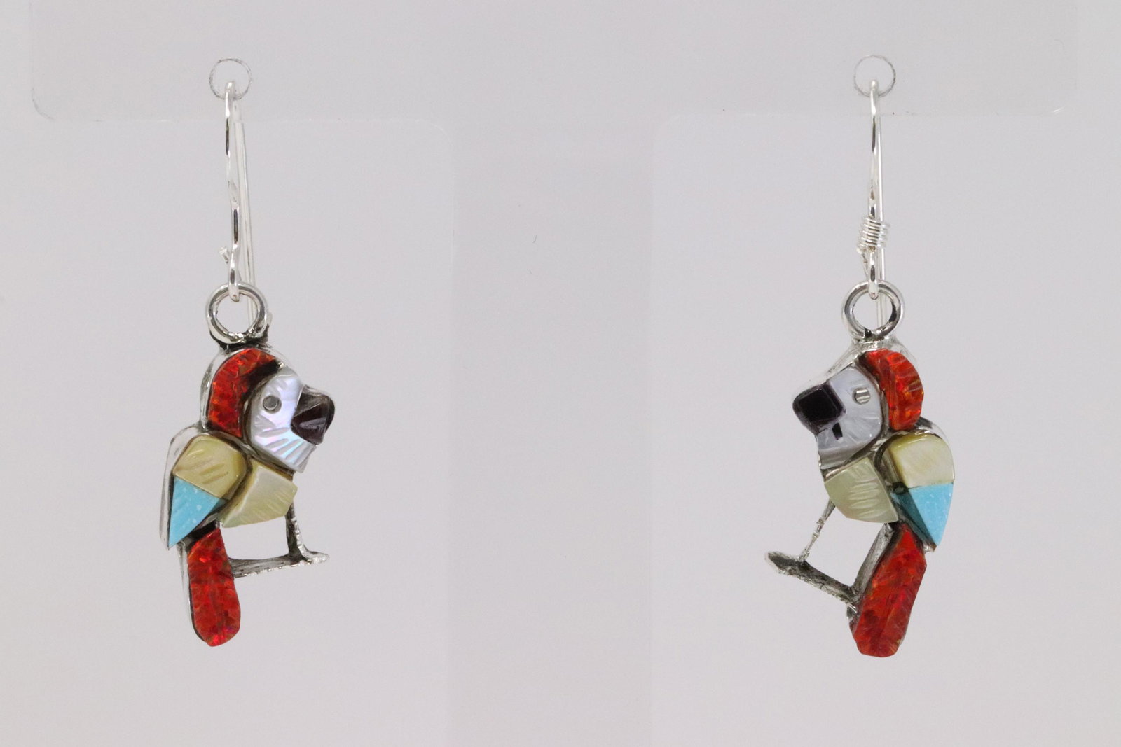 Native American Zuni Handmade Sterling Silver: This is a Native American Zuni Handmade Sterling Silver Multi-Color Parrot Earrings by Stephen LonJose.