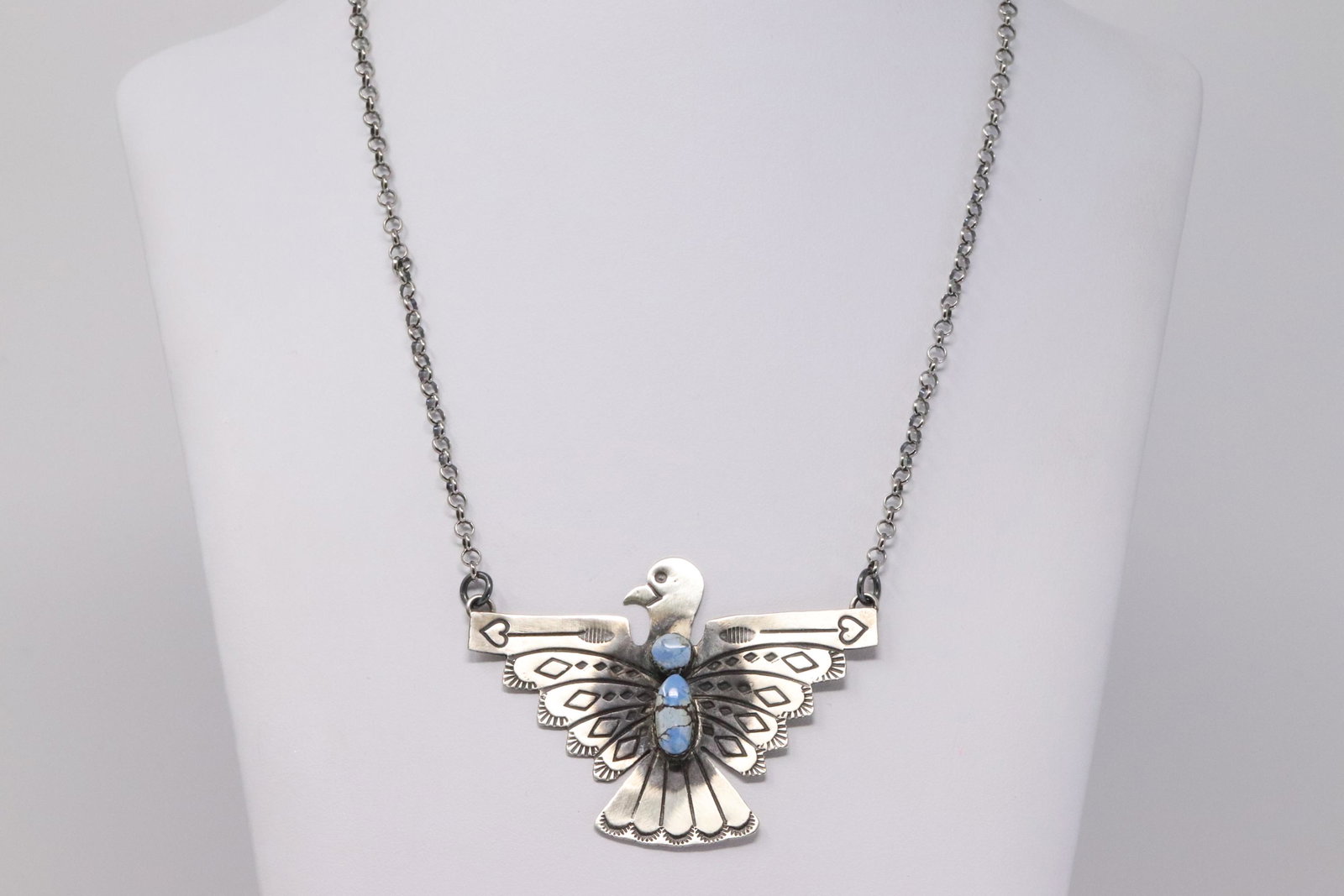 Native American Navajo Handmade Sterling Silver Golden: This is a Native American Navajo Handmade Sterling Silver Golden Hill Thunderbird Necklace by Tim Yazzie. Necklace Length is 16.00in