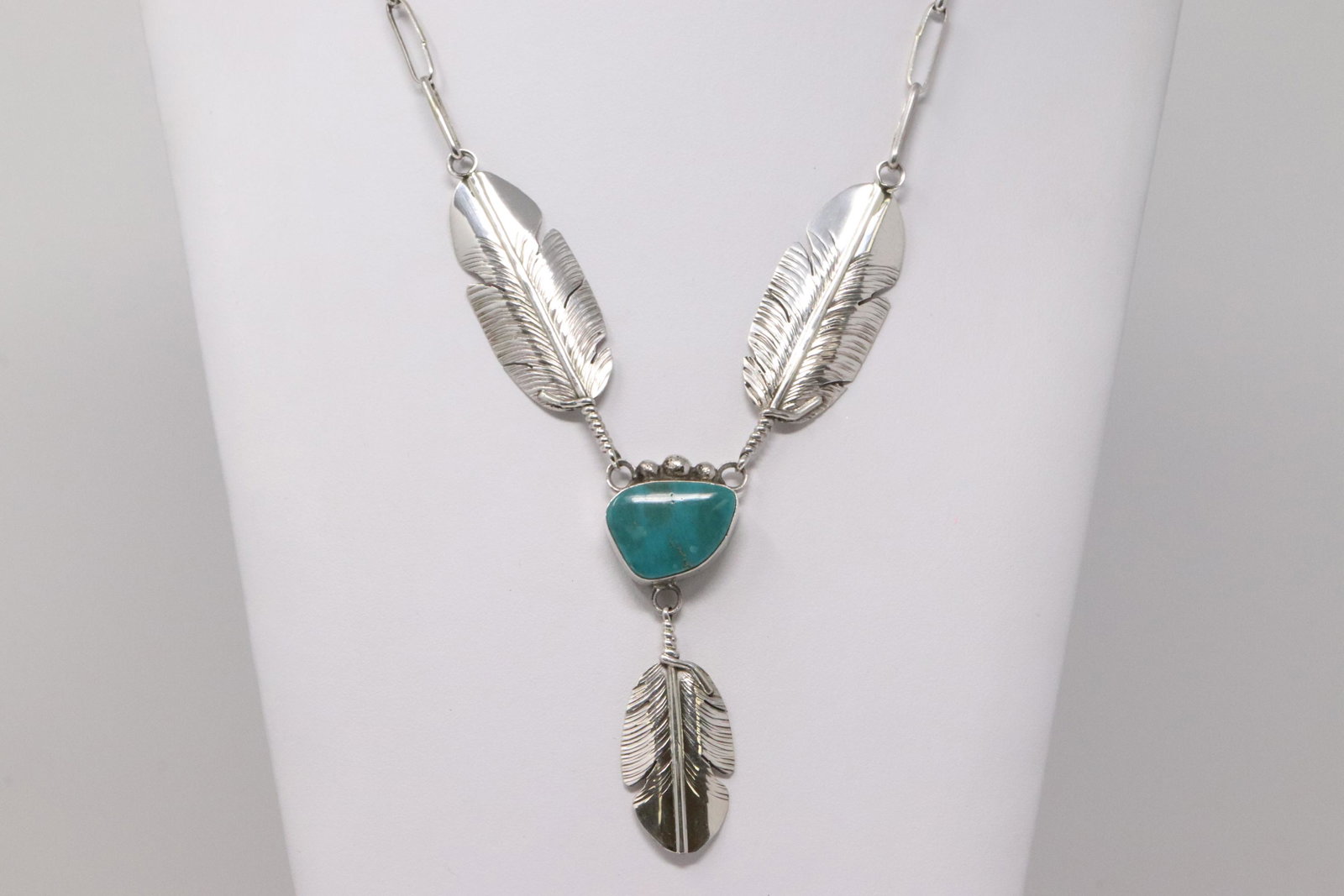 Native American Navajo Handmade Sterling Silver: This is a Native American Navajo Handmade Sterling Silver Turquoise Feather Necklace by Ben Begay. Necklace Length is 22.00in