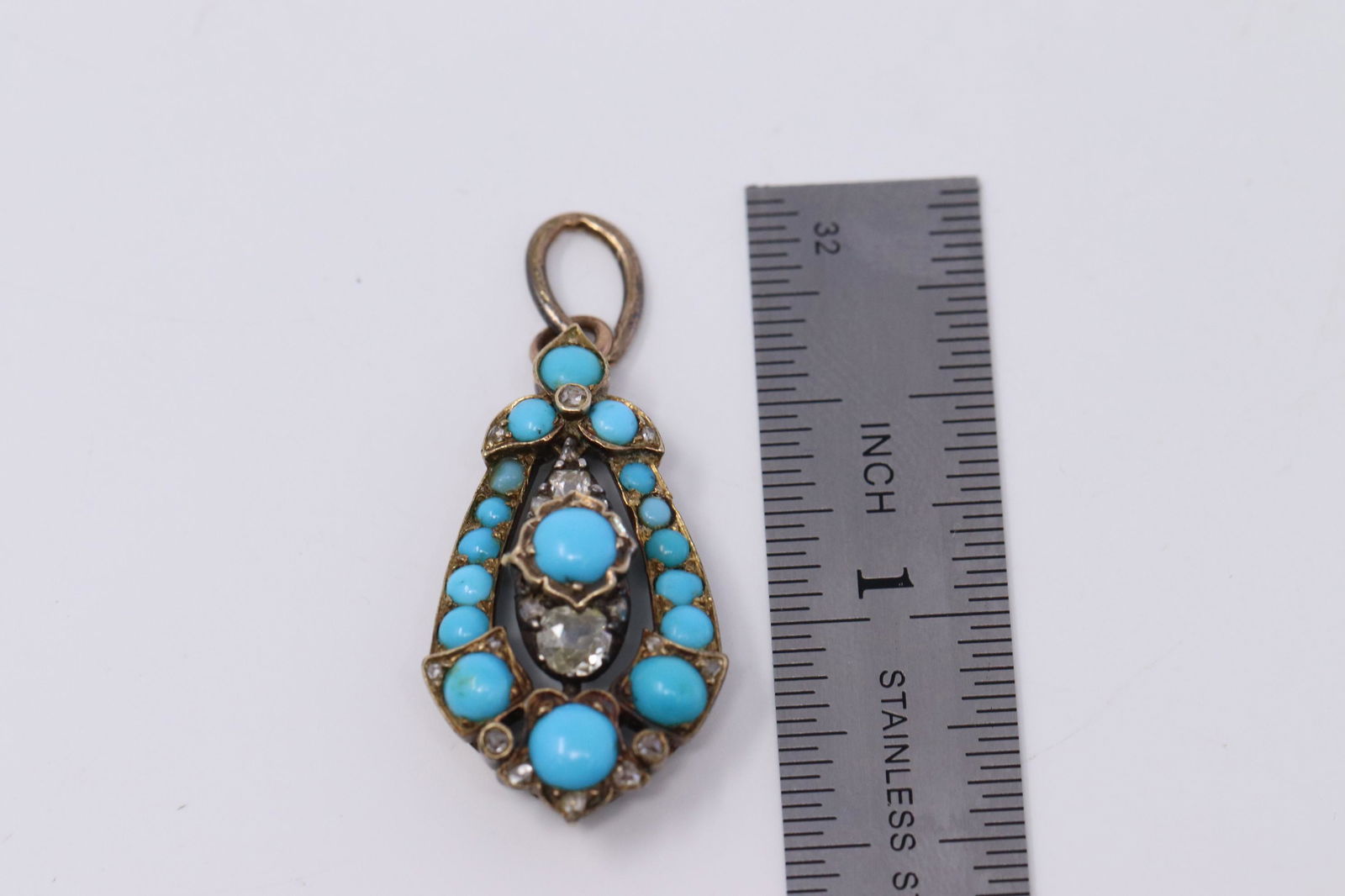 Art deco or Antique 18k Pendant with Turquoise and Rose (1 of 5)