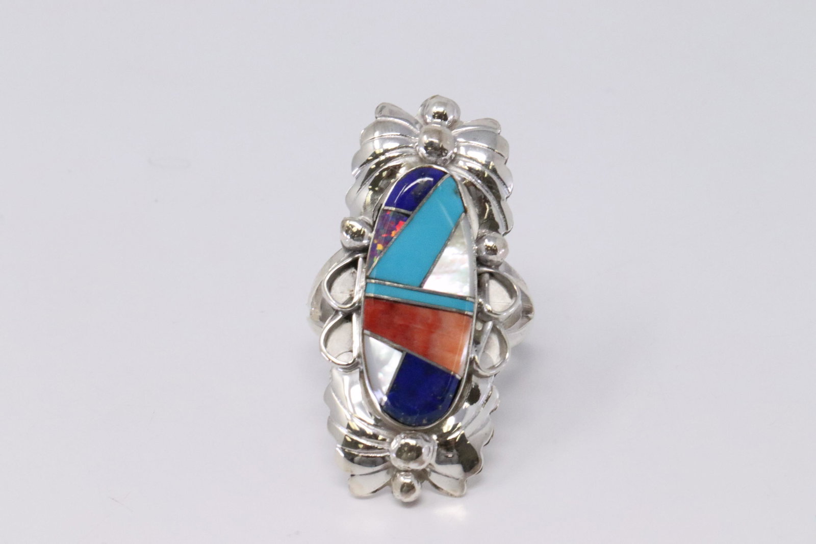 Native American Navajo Handmade Sterling Silver: This is a Native American Navajo Handmade Sterling Silver Multi-Color Inlay Ring by Jerome Yazzie. Ring size is 8.25